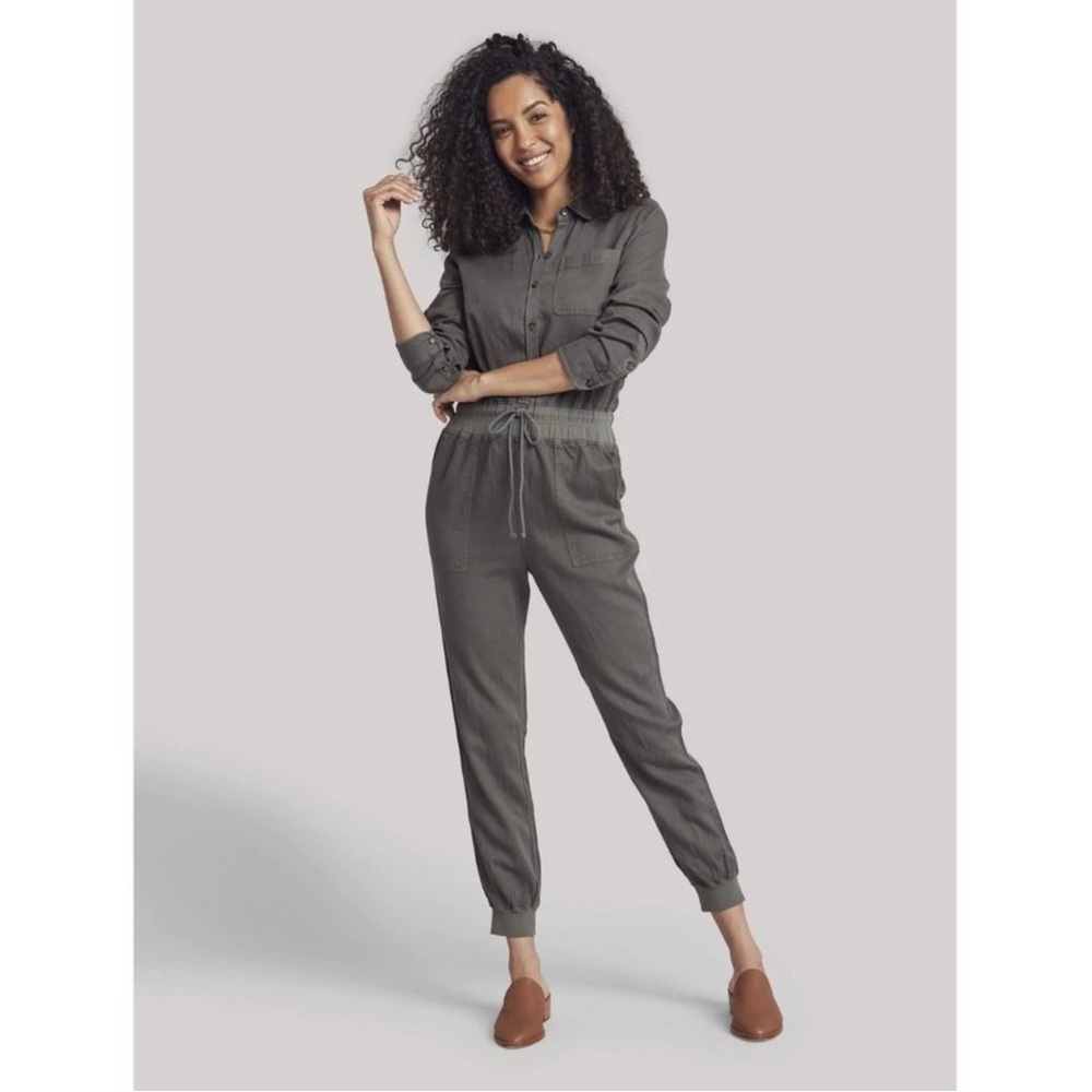 FAHERTY Arlie Day Jumpsuit in Surplus Green Gray Tencel Linen Blend  SMALL